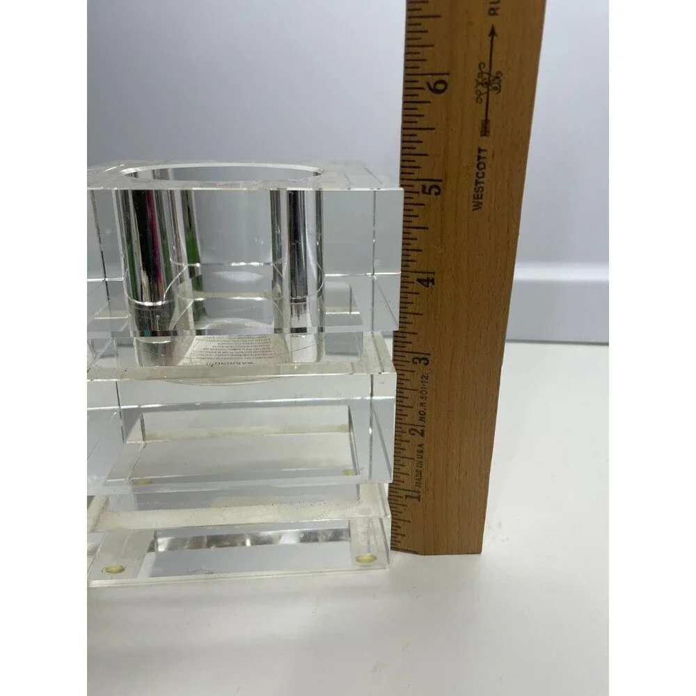 heavy mcm style WILLIAMS-SONOMA CLEAR CRYSTAL BLOCK square CANDLE HOLDER